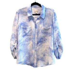 Chico’s Roll Tab Sleeve Two Pocket‎ Button Up Shirt Gauze Blue White Size 3 / 16